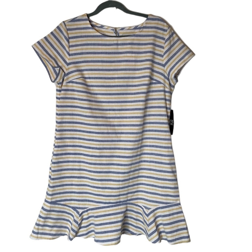 NWT New York & Company Short Sleeve Striped Ruffle Hem Dress Blue Yellow Medium